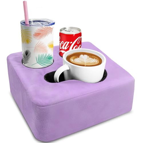 Couch Cup Holder Pillow Tray & Caddy - for Sofa, Bed, Car, Man Cave | Keep Drinks at Hand & Spill-Proof Accessories for New Parents, Camping, Park, Boat, Beach -Taro Purple - color: Taro Purple, size: 9.4" x 9.4" x 3.9"