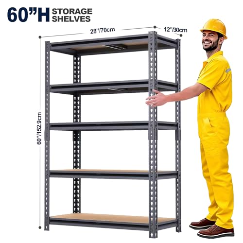 Garage Shelving, 2400 LBS Metal Storage Shelves, 12" x 28'' x 60'' Heavy Duty Shelf, Adjustable Shelving Rack, Standing Shelf Units, Shelves for Garage Storage - size: 12"D x 28"W x 60"H