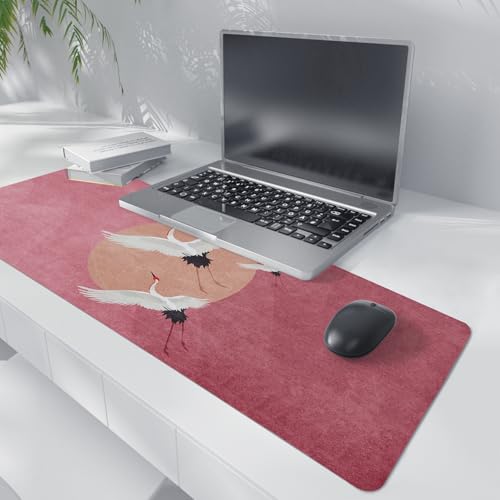 Retro Chinese Style Mouse Pad,Vintage Japanese Style Desk Pad,XL Large China Red Crowned Crane Laptop Desk Mat,Girly Pink Gaming Computer Pads,Girly Desk Mat For Home Office Dorm,31.5x11.8Inch - color: Chinoiserie Red XL