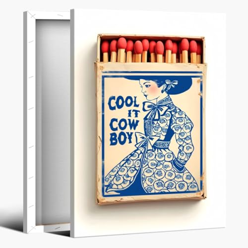 Retro Trendy Wall Art Indigo Blue White Cool It Cowboy Matchbook Poster Canvas Printing Chinoiserie Western Decor Coastal Cowgirl Millennial Dorm Apart Ment Decor 8x12inch Framed - color: style-1-Framed, size: 8"L x 12"W