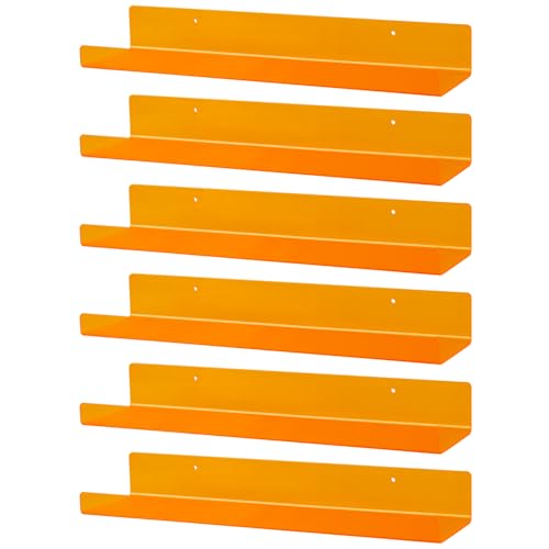 Dezzer 6 Pack Acrylic Shelves for Wall, 15" Acrylic Floating Shelves for Bathroom Bedroom, Invisible Bookshelf Wall Ledge Storage Shelf Books Perfume Toys Action Figure Display Shelves, Clear Orange - style: 15 inch 6-pack Orange