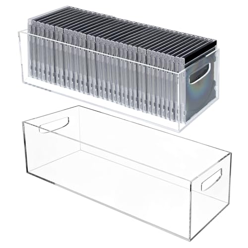 2 Pack DVD/CD Storage Box Acrylic Clear DVD Holder Case with Handles Stackable Storage Container Shelf Organizer Bin for CDs Video Games Cases Blu-Rays Books Booklets Countertop Cabinet Home Office