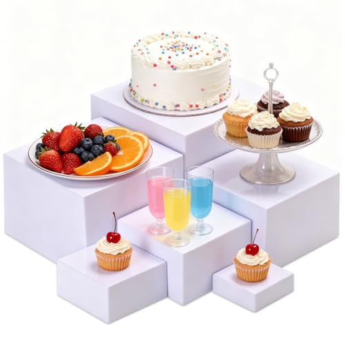 6 Pcs White Buffet Risers and Stands, Food Risers for Buffet Table, Display Stand Shelf for Party, Catering, Jewelry & Collectibles, White Acrylic Nesting Boxes for Food Display - color: White