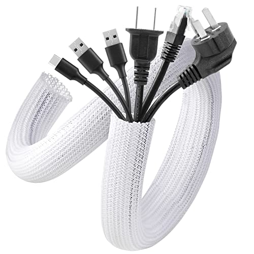 AGPTEK White Cable Sleeve, 2 Pack 5ft - 1.2 Inch Cable Management, Desk Cord Cover Organizer Wire Hider for Computer TV Wire Loom Tubing, Pet Proof Cord Protector from Cat Dog Chewing, White - color: White, size: 1.2"-10ft
