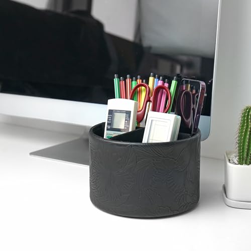 Round Leather Art Supply Organizer,Remote Control Holder,360 Degree Spinning,Multi-Functional Pencil Holder,4 Compartments Desktop Stationary Organizer(1-Carved Black) - color: 1-Carved Black