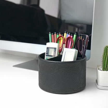 Round Leather Art Supply Organizer,Remote Control Holder,360 Degree Spinning,Multi-Functional Pencil Holder,4 Compartments Desktop Stationary Organizer(1-Carved Black) - color: 1-Carved Black