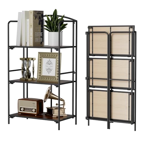 Crofy 3-Tier Foldable Bookshelf, Black Frame & Walnut Shelves | No-Assembly Collapsible Portable Storage Organizer; Sturdy Walnut Finish Shelves; Ideal for Living Room & Home Office - color: Black Frame & Walnut Shelf, size: 3 Tier