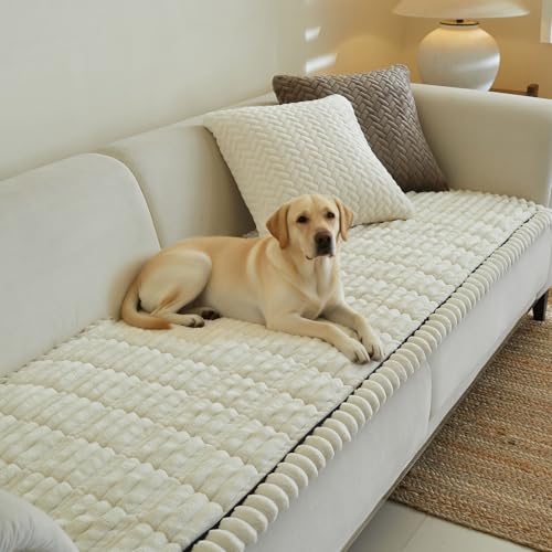 Linear Grid Couch Cover for Dogs Non Slip - Thick Wear-Resistant Pet Sofa Protector for 3 Cushion Couch Large Silicone Particles Washable Furniture Mat for Dogs Cats Sectional - color: Bg-white, size: 27.6" x 82.7"