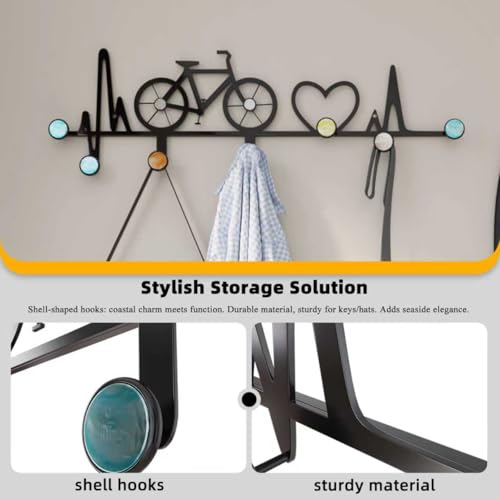 7-Hook Wall Mounted Coat Rack, Creative Note & Bicycle Design with Natural Seashell Decor, Heavy Duty Entryway Hanger for Hallway, Wall Decoration Bedroom, Includes Hardware and Adhesive - style: Creative Note