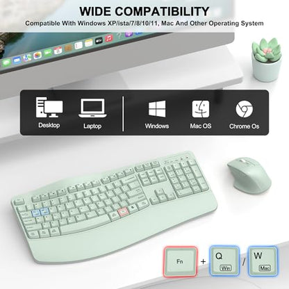Wireless Keyboard and Mouse Combo, 2.4G Full Size Wave Keys Ergonomic Keyboard with Wrist Rest and 3-Level DPI Adjustable Wireless Ergonomic Mouse for Windows, Mac OS Desktop/Laptop/PC(Avocado Green) - color: Green
