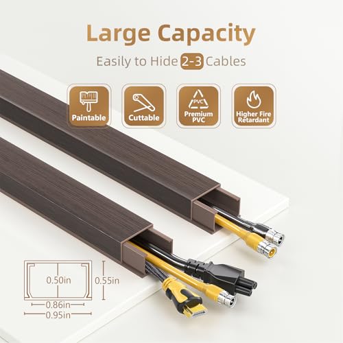 Delamu Cord Hider, 85in Cord Covers for 2-3 Wires on Wall, Self-Adhesive Cable Hider, PVC Wire Hiders Wire Covers for TV Cords on Wall, Easy Mount Cable Cover Raceway Kit, W0.95 H0.55in, Darkwood - color: DarkWood, size: 85in L x 0.95in W x 0.55in H