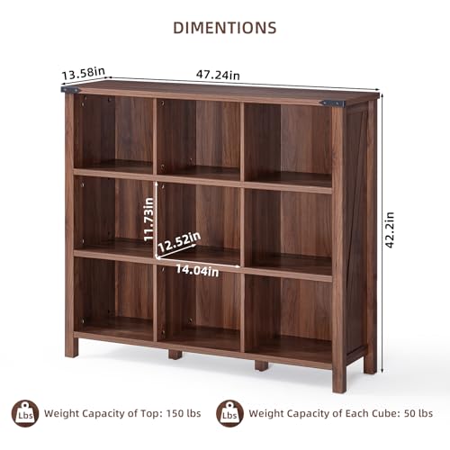 Joaxswe 9 Cube Bookcase, Farmhouse 47 Inch Wide Brown Walnut Bookshelf, Wooden 3 Tier Display Large Open Book Shelf, Vintage Horizontal Book Case for Home Office, Cubby Storage Cabinet for Living Room - color: Brown Walnut, size: 9 Cube (13.6 "D x 47.24 "