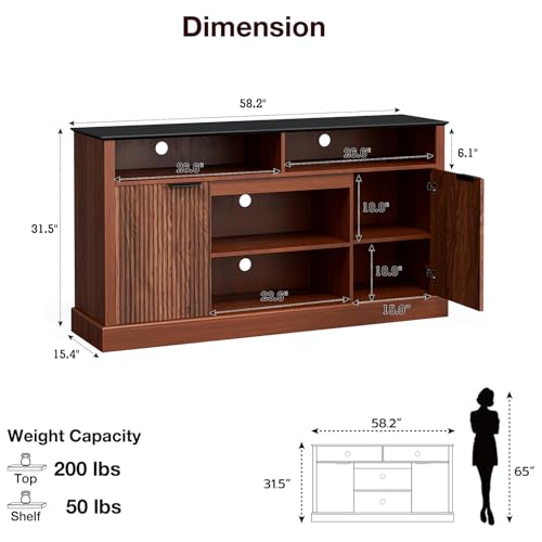 LCRBOL TV Stand for up to 65" TV, Mid-Century Entertainment Center, Walnut | 63"W x 15.4"D x 25"H, 2 fluted cabinets, 1 drawer & open shelves, matte walnut top, top holds 180 lbs, ~90 min assembly - color: Brown & Black