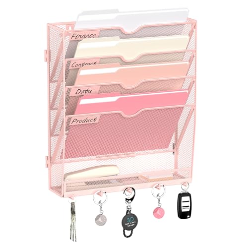 5 Tier Wall File Organizer - Hanging File Organizer with 5 Hooks, Mail Holder Wall Mounted for Papers, Folders, Magazines, Bills, Office&School Organization, Pink - color: Pink, size: 5 Tier