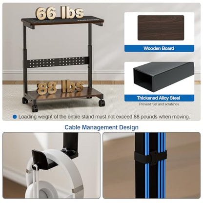 Height Adjustable Computer Tower Stand, 2-Tier ATX-Case CPU Holder with Mouse Pad & Headphone Stand, Mobile PC Standing Under Desk, Home Office Gaming Accessories, Computer Cart, Walnut - color: Walnut