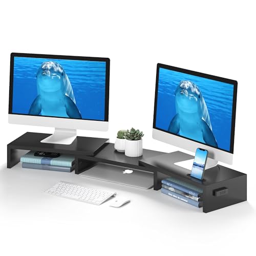 BONTEC Dual Monitor Stand Riser with Smartphone Holder, Adjustable Length & Swivel Angle, Ergonomic Wooden Desktop Organizer for PC Monitor, Laptop, Printer, Large Storage, Black - color: Black