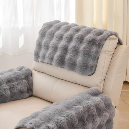 vctops 3 Pieces Faux Rabbit Fur Sofa Armrest Cover for Recliner Chair Non Slip Fluffy Furry Headrest Cover Soft Fuzzy Couch Cover for Dogs Washable Furniture Protector (Mid Grey,1 Seat) - color: Mid Grey