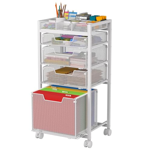 Rolling File Cart with 4 Storage Drawers, Under Desk Filing Cabinet with DIY Divider, Hanging File Folder Organizer on Wheels, Fits A4/Letter Size, Metal Utility Cart for Home Office, White - color: White, size: 4 Drawers