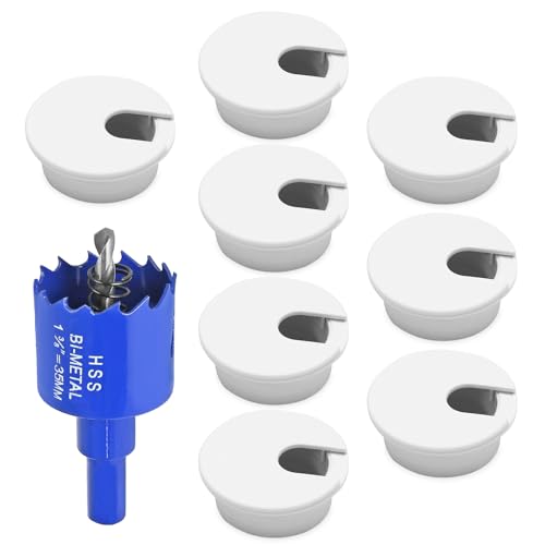 8pcs 1-3/8 Inch Desk Grommet with Drilling Hole Saw, Plastic Desk Hole Cover, White Cable Hole Cover, Desk Hole Grommet for Wire Cord Organizing Office Computer Desk - color: White, size: 1-3/8 Inch
