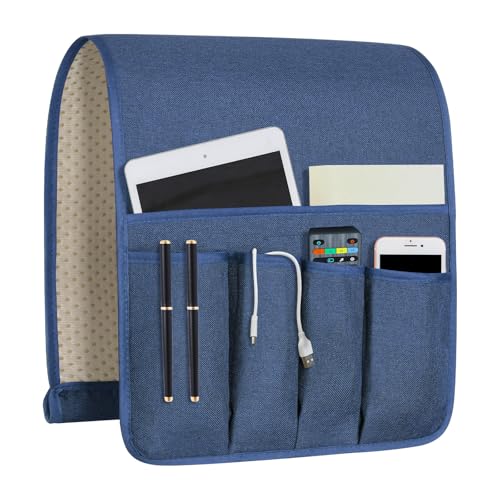 NB Remote Control Holder，Bedside & Armchair & Couch Caddy with Non-Slip Base，5 Pockets Oxford Fabric Bed Desk Storage Pocket for Phone Tablet Kindle Magazines，Gifts for Seniors (Blue， 35"X12.4") - color: Blue, size: 35"x12.4"
