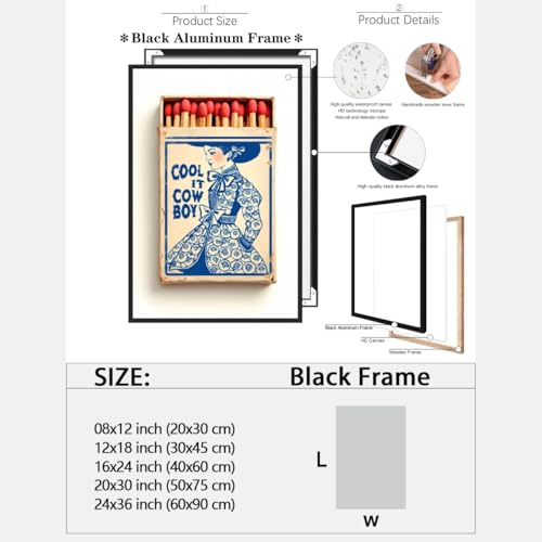 Retro Trendy Wall Art Indigo Blue White Cool It Cowboy Matchbook Poster Canvas Printing Chinoiserie Western Decor Coastal Cowgirl Millennial Dorm Apart Ment Decor 12x18inch black framed - color: style-1-black framed, size: 12"L x 18"W