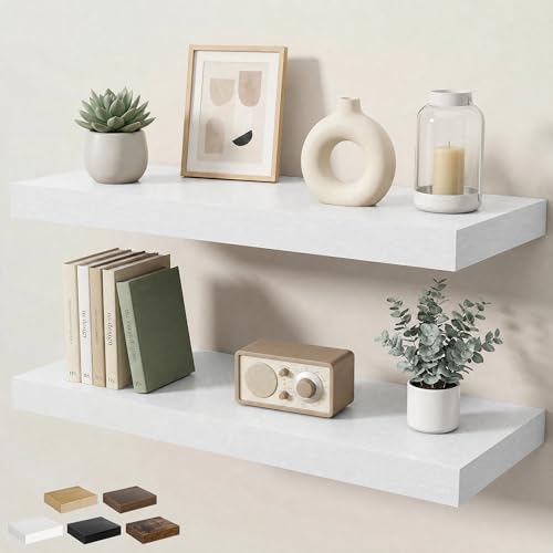 Floating Shelves for Wall 32 in x 9.3 in Deep, Wall Mounted Rustic Wood Shelf with Invisible Brackets for Storage & Display, Living Room Bedroom Bathroom, White, 2 Pack - color: White, size: 32 Inch, 2 pack