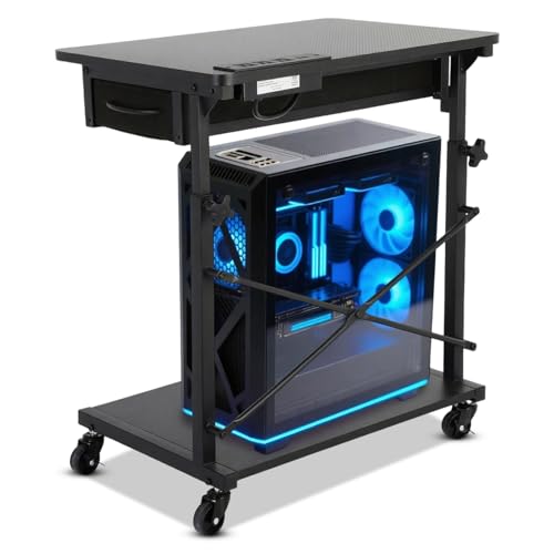 FAHKNS PC Tower Stand，2-Tier Computer Tower Stand，Computer Tower Floor Stand with Power Outlet & Lockable Wheels，PC Holder for Office/Home/Studio/Game Room