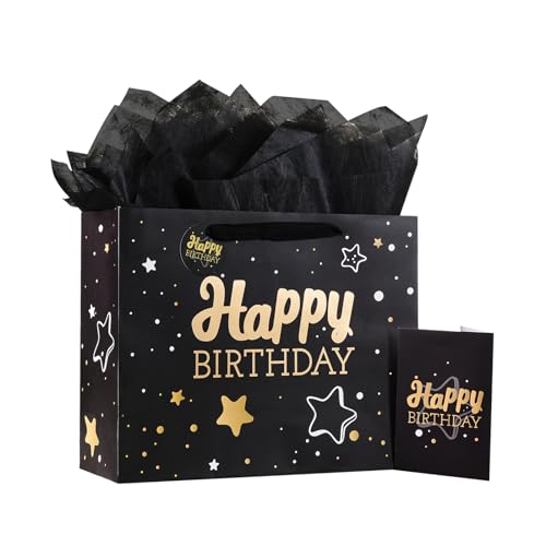 Powbrace Black Birthday Gift Bag with Tissue Paper and Greeting Card, 13'x10.2'x4.9', Medium (1-Piece Set, Black Starry Sky, Unisex, Includes Card, Ribbon, Crinkle Paper) - color: 1 PCS Black Gift Bag, size: 1 Count (Pack of 1)