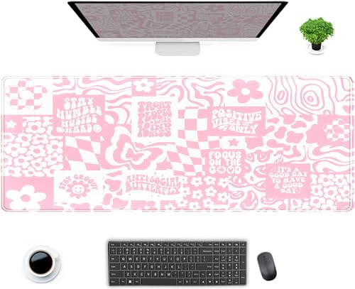 Pink Boho Desk Pad XL Large Gaming Mouse Pad Retro Hippie Boho Desk Mat with Stitched Edges, Non-Slip Rubber Base Mousepad Computer Laptop Keyboard Mouse Mat Desktop Protector Pad 31.5x11.8 in - color: Pink Hippie Boho, size: 31.5" x 11.8"