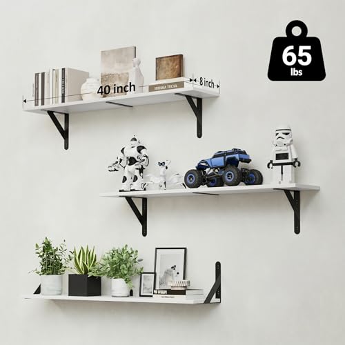 WOPITUES Floating Shelves for Wall 40″W x 8″D, Long Wall Mounted Shelves Set of 3, Wood Book Shelves Decor, Farmhouse Display Shelf for Bedroom, Living Room, Laundry Room, Kitchen, Bathroom, White