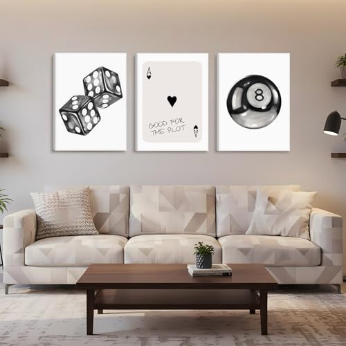 3Pcs Black and White Game Room Canvas Wall Art Vintage Dice Ace Of Spades 8 Ball Wall Decor Trendy Poker Billiards Posters Prints For Man Cave Bar Living Room Bedroom 16x24in Ready to Hang - color: Black & White, size: 24"L x 16"W
