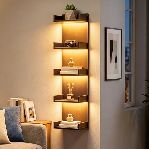 HOOBRO Floating Wall Shelf with LED Lights, Floating Shelf Wall Mounted for Storage, Vertical Display Stand, Modern Column Rack, for Bedroom, Livingroom, 5-Tier, 45.7 Inches, Black, BK51DBJ01N1 - color: Black, size: 45.7 Inches