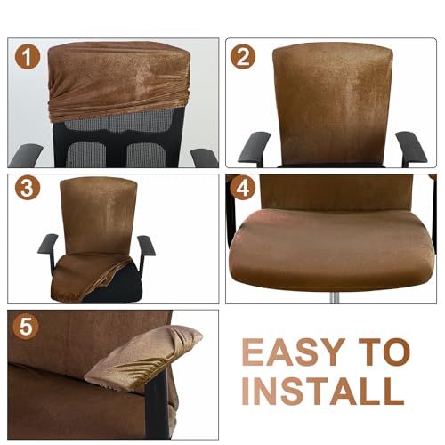 Tallew 4 Pcs Office Chair Covers Set Computer Universal Protective Stretchable Chair Seat Covers Desk Armrest Slipcovers Pads Office Cushion Backrest for Rotating(Brown) - color: Brown