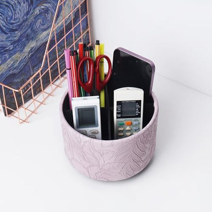 Round Leather Art Supply Organizer,Remote Control Holder,360 Degree Spinning,Multi-Functional Pencil Holder,4 Compartments Desktop Stationary Organizer(1-Carved Purple) - color: 1-Carved Purple