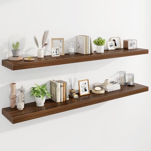 Marsmiles 72" Floating Shelves for Wall, Wooden Shelves with Invisible Brackets Set of 2, Rustic Farmhouse Wall Mounted Shelf for Kitchen Bathroom Living Room Study, Walnut - color: Walnut, size: 72"