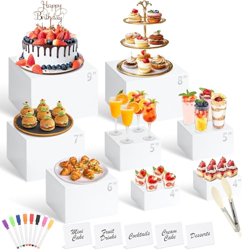 8 Pcs White Buffet Risers with Mini Table Sign, Serving Tongs, Acrylic Food Risers for Buffet Table Display Stand Shelf for Party Catering Dessert Jewelry Collectibles (Size 9" 8" 7" 6" 5" 5" 4" 4") - color: 9" 8" 7" 6" 5" 5" 4" 4"