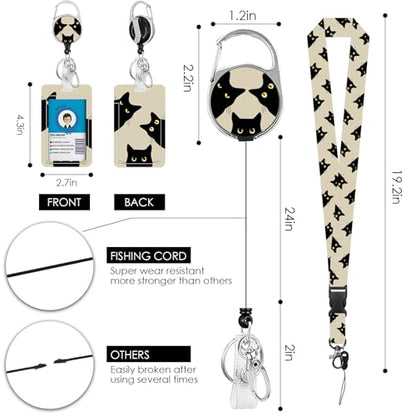 Black Cat Lanyards ID Badge, Cute Funny Cats ID Badge Holder with Retractable Reel Clip and Keychain, Vertical Heavy Duty Identity Badge Cover Case Protector for Teacher Nurse Women man - color: Blackcat-khaki