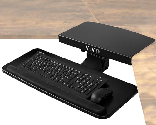 VIVO Black Under Desk Corner 25 x 10 inch Keyboard Tray, MOUNT-KB03B | Computer Keyboard and Mouse Platform with Corner Connector, Under Table Desk Mount for L-Shaped Workstations, Full Swivel