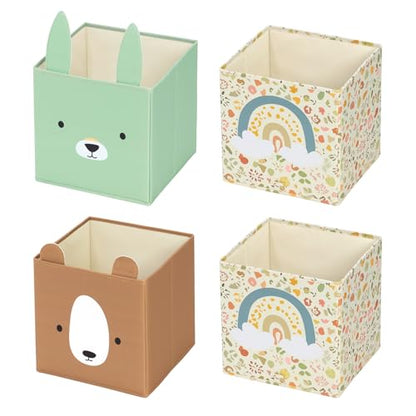 OOOK 4 Pack Foldable Fabric Storage Bins, 11.4" x 10.6" x 11.8" Cute Storage Box, Closet Organizers for Bedroom, Nursery, Shelves & Cube Storage Shelving Units (Bear, Rabbit, Rainbow Pattern)