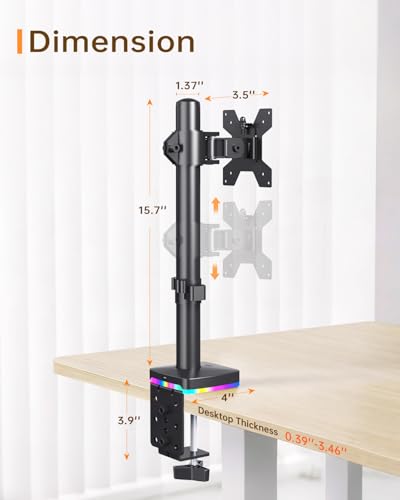 RGB Single Monitor Stand with USB Hub, Desk Mount for 13-27 Inch Screens, 1 USB-C & 2 USB Ports for Charging & Data Transfer, Adjustable VESA Monitor Mount, Height Tilt Swivel Rotation, Up to 17.6lbs - size: RGB Single Monitor Stand