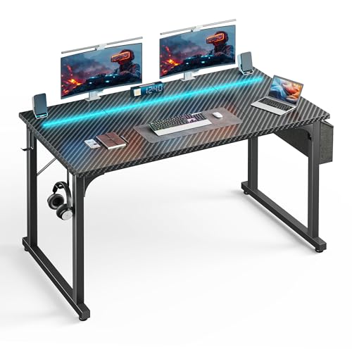 DurayLoly 48" Gaming Desk with Waterproof LED Lights, Carbon Fiber Desktop for Small Spaces | Home Office Study Computer Desk with Storage Bag & Headphone Hook, Black - color: Black, size: 48 Inch