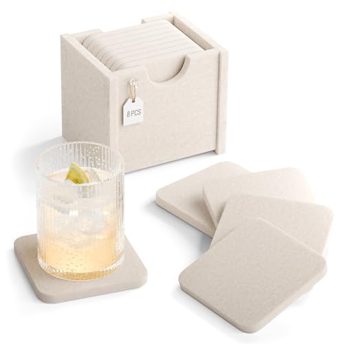 Fluxynara Felt Coasters for Drinks, Set of 8 Absorbent Coasters with Holder, Heat-Resistant & Reusable Square Design for Coffee Table & Living Room, 3.94 Inch, Oatmeal - color: Oatmeal, size: Square - 8 Count