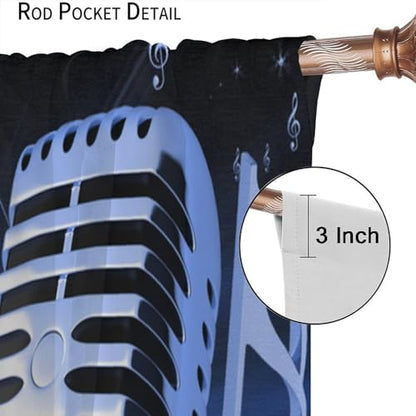 Music Curtain, Blue Microphone Musical Notes Print Window Treatments Drapes for Bedroom Living Room Bathroom 42" W X 45" L(No Blackout) - color: Musical-2, size: 20.5"W x 45"L (Pack of 2)