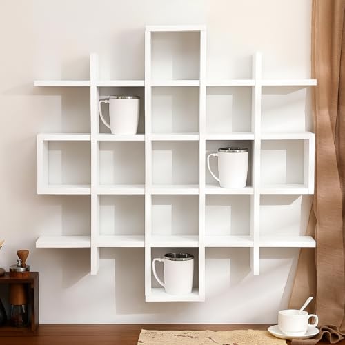 Suzile Oversize Coffee Mug Display Rack Wooden Display Shelves Rustic Wooden Floating Curio Shelf Travel Wall Mounted Coffee Mug Rack Holder Shadow Box Shelf(5.1x5.1x3in,White) - color: White