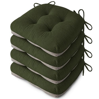 Indoor Kitchen Chair Cushions Set of 4 18"X16.5"X3" Soft Anti Slip Dining Chair Pads Tufted Kitchen Seat Cushion with Ties, Dark Green - color: Dark Green