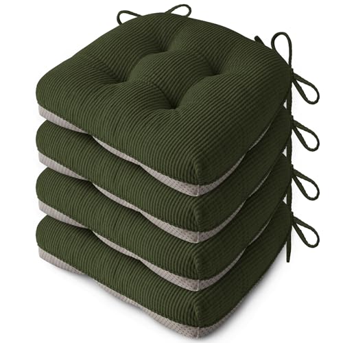 Indoor Kitchen Chair Cushions Set of 4 18"X16.5"X3" Soft Anti Slip Dining Chair Pads Tufted Kitchen Seat Cushion with Ties, Dark Green - color: Dark Green