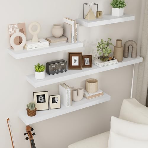 fuqing Floating Shelves for Wall - White Wood Wall Shelves Set of 3 - Modern Style Wooden Shelves for Room Decor & Storage - color: White, size: 17 Inch