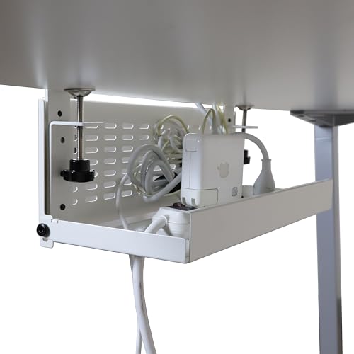 AEONS Universal Under Desk Cable Management Tray-Clamp Mount Hinged Swing Modesty Panel Organizer for Office Desks Easy Access Flip-Down position Power Strip Cord Storage No-Drill 25 lb Capacity White - style: 16" Swing, White