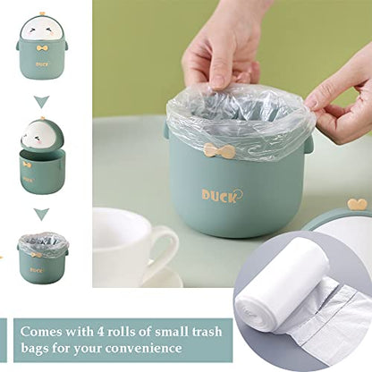 Cute Desktop Trash Can Wastebasket and 120 Trash Bags, Creative Mini Garbage Can with Lid for Countertop Table, Tiny Plastic Storage Bin for Office, Kids Bedroom, 13 * 13 * 18.5cm (Green)