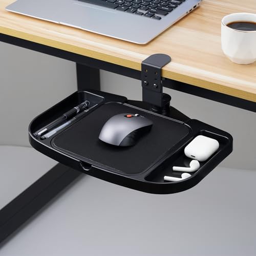 Clamp-on Mouse Pad Holder Platform, Height Adjustable Under Desk 360° Rotating Mouse Tray Rest Extension Attachment, with 5 Storage compartments Save Space